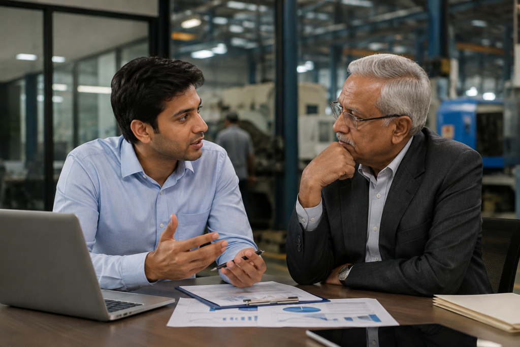 Next-generation leader discussing strategy with family business founder