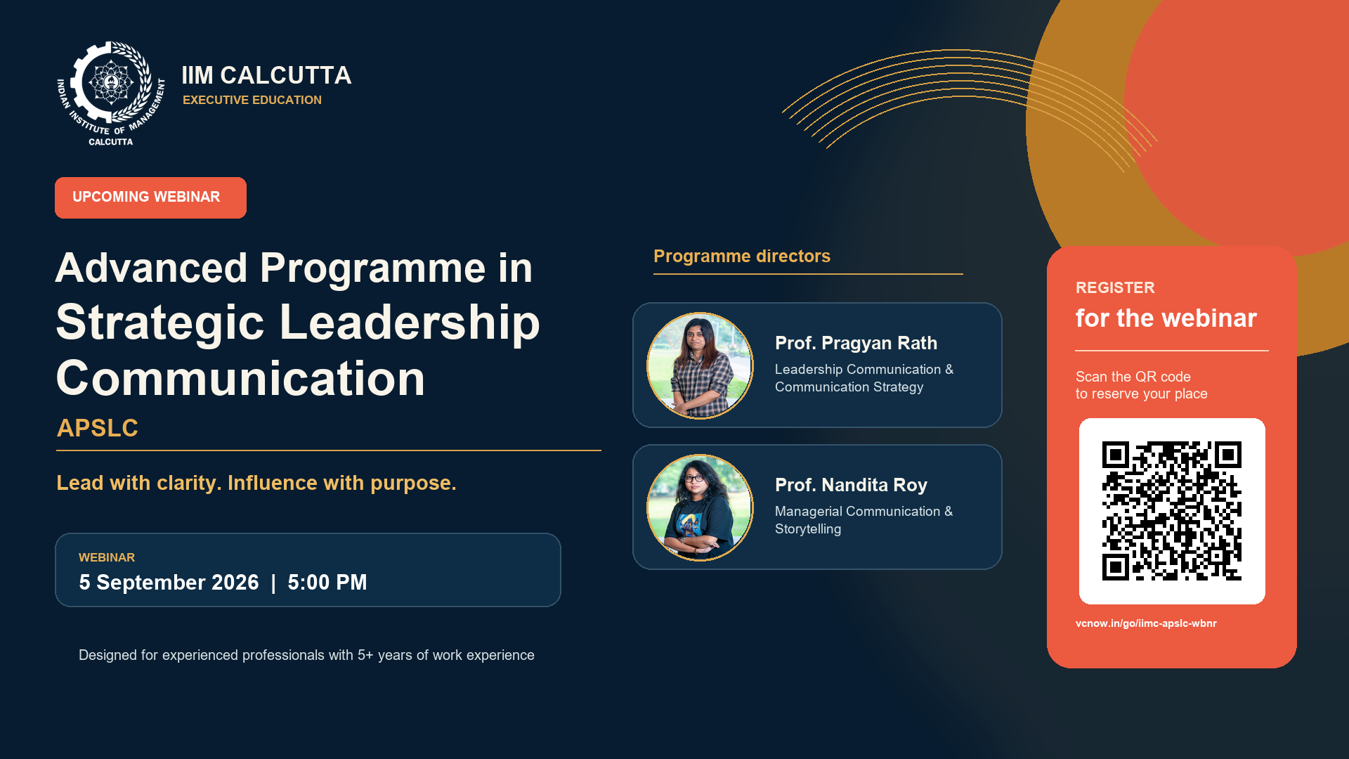 IIM Calcutta APSLC webinar poster with programme directors, webinar date, time, and registration QR code